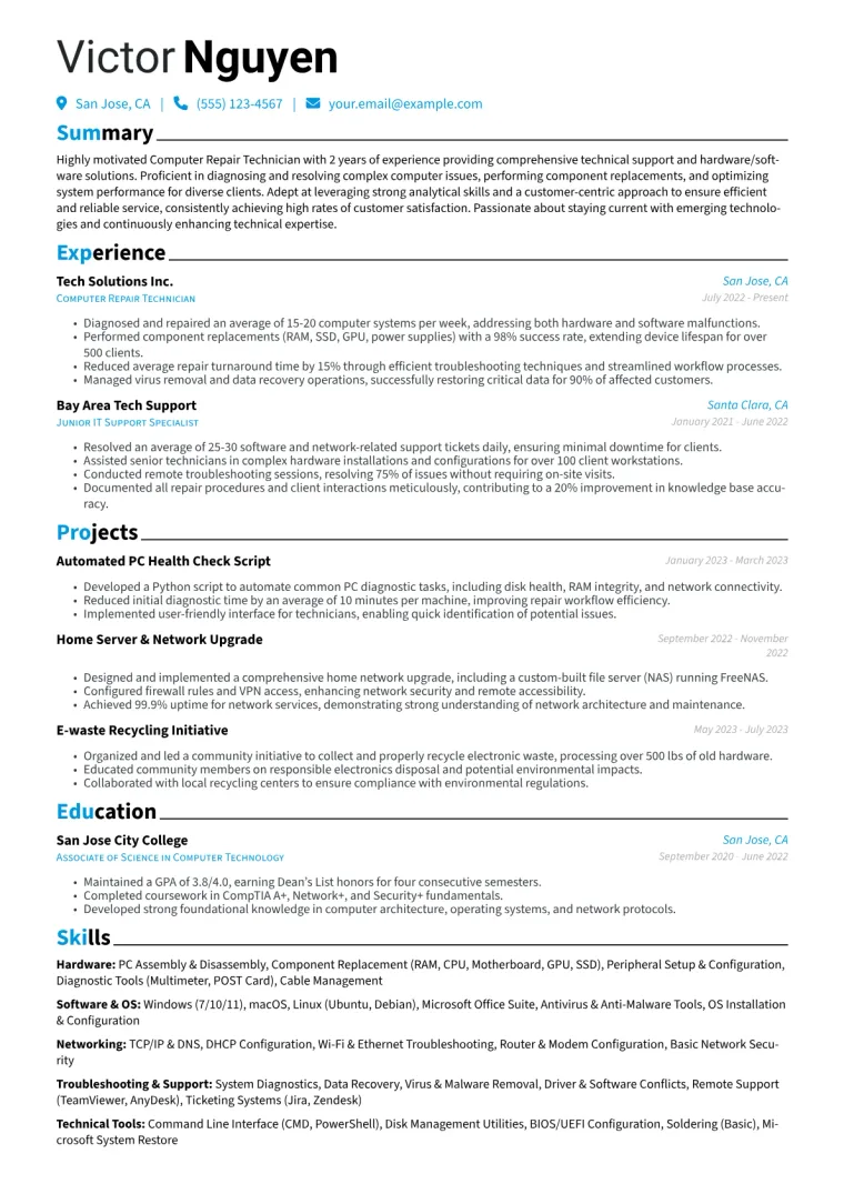 Computer Repair Technician Resume Example CV template preview