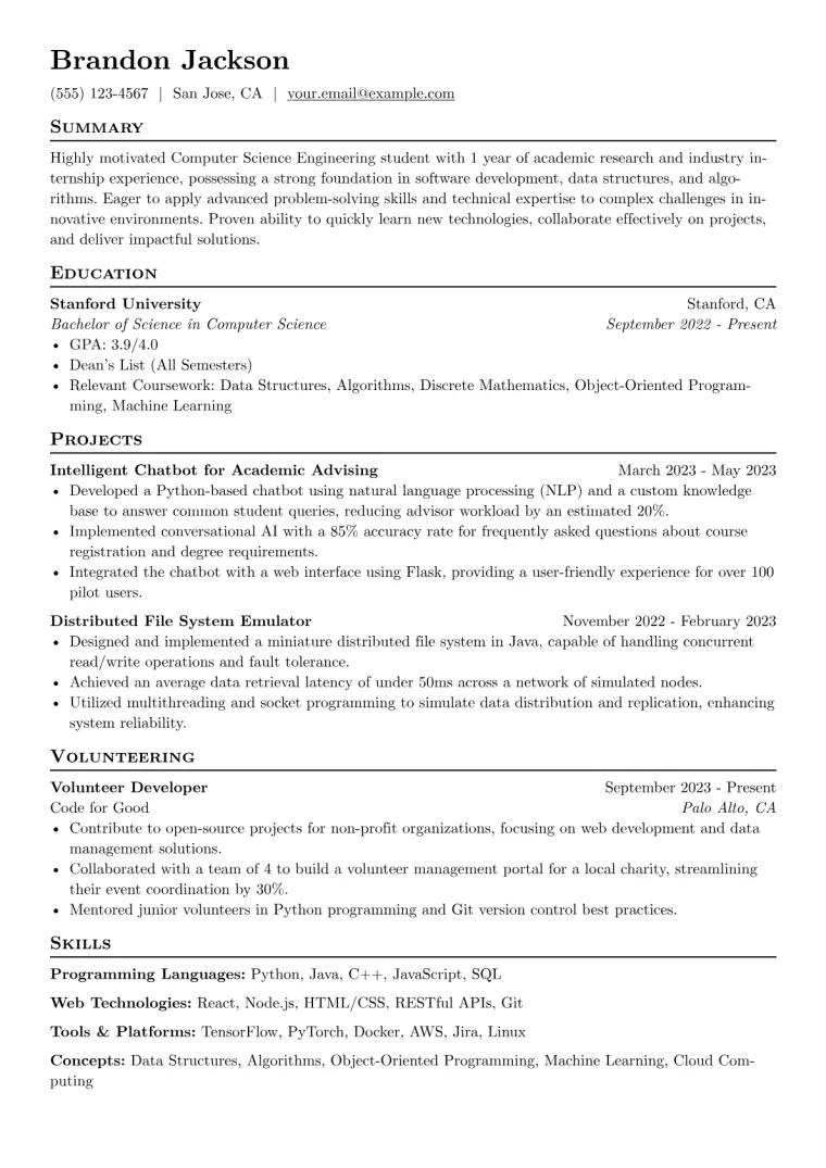 Computer Science Engineering Student Resume Example CV template preview