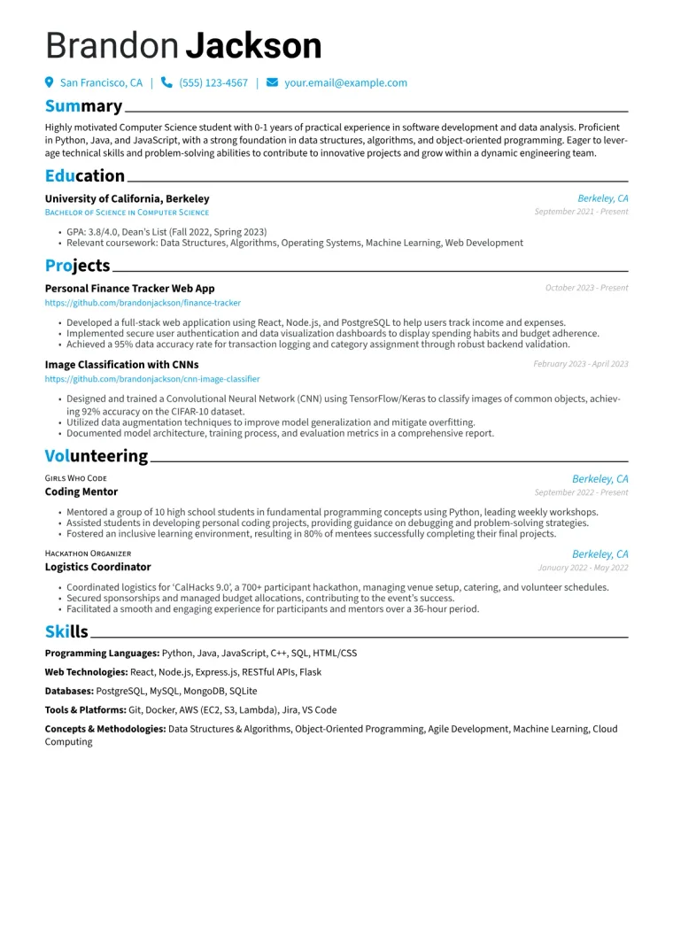 Computer Science Student Resume Example CV template preview