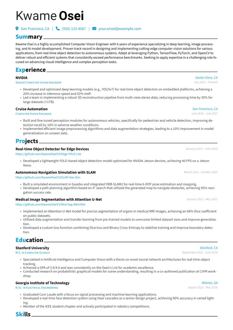 Computer Vision Engineer Resume Example CV template preview