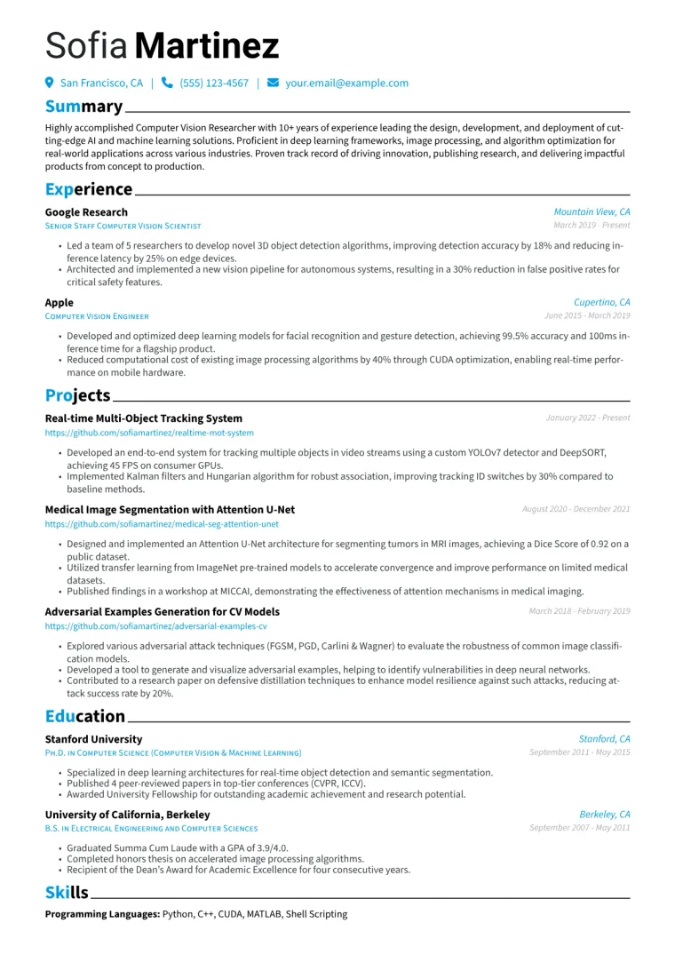 Computer Vision Researcher Resume Example CV template preview