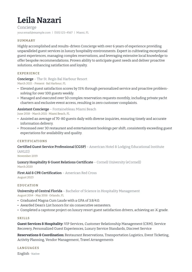 Concierge Resume Example CV template preview