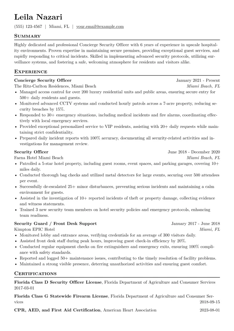 Concierge Security Officer Resume Example CV template preview