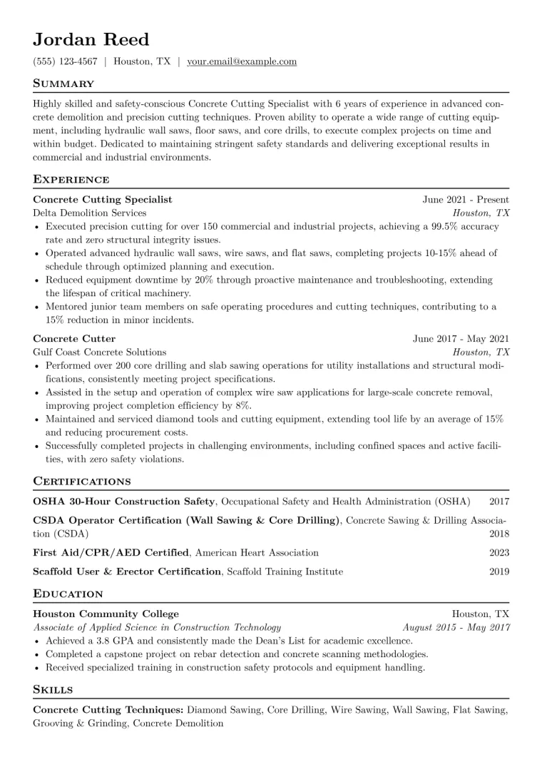 Concrete Cutting Specialist Resume Example CV template preview