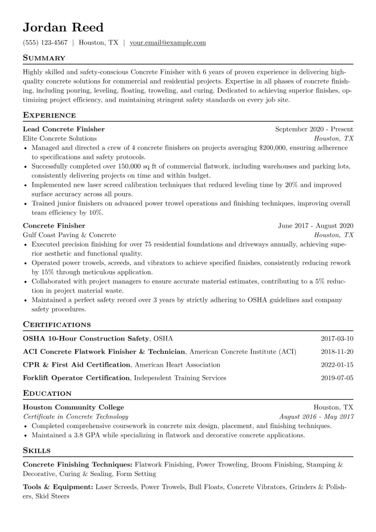 Concrete Finisher Resume Example CV template preview