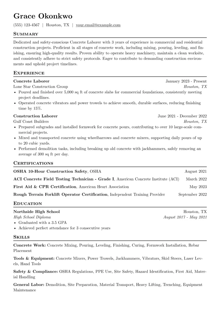 Concrete Laborer Resume Example CV template preview