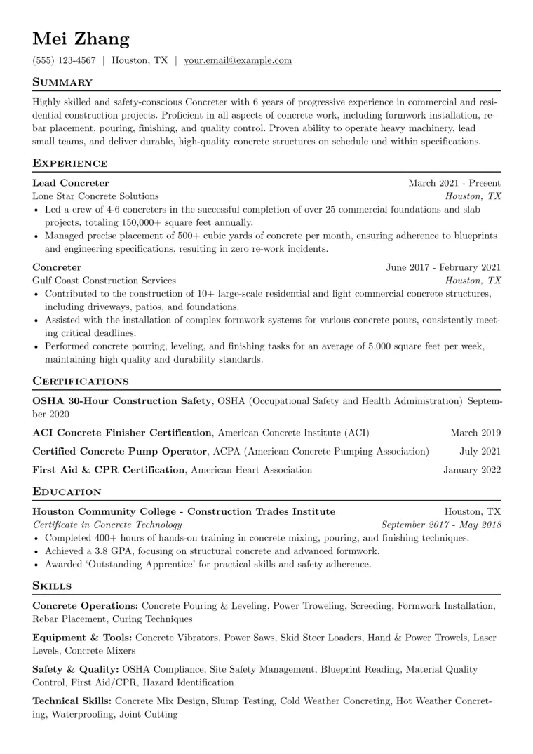 Concreter Resume Example CV template preview