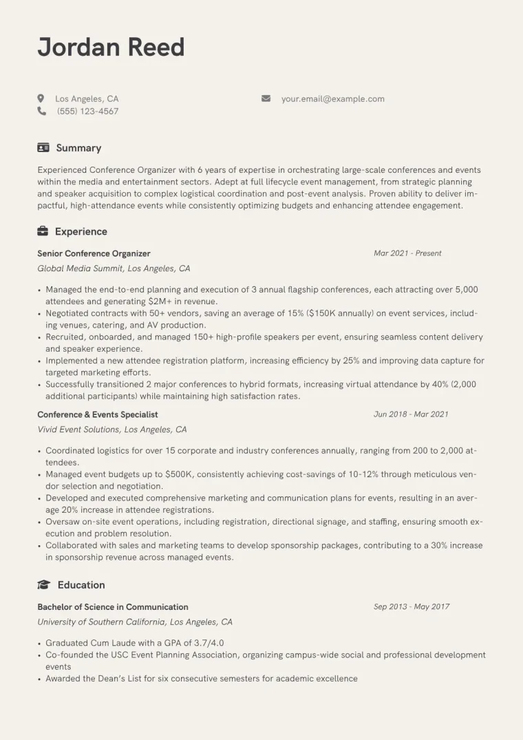 Conference Organizer Resume Example CV template preview