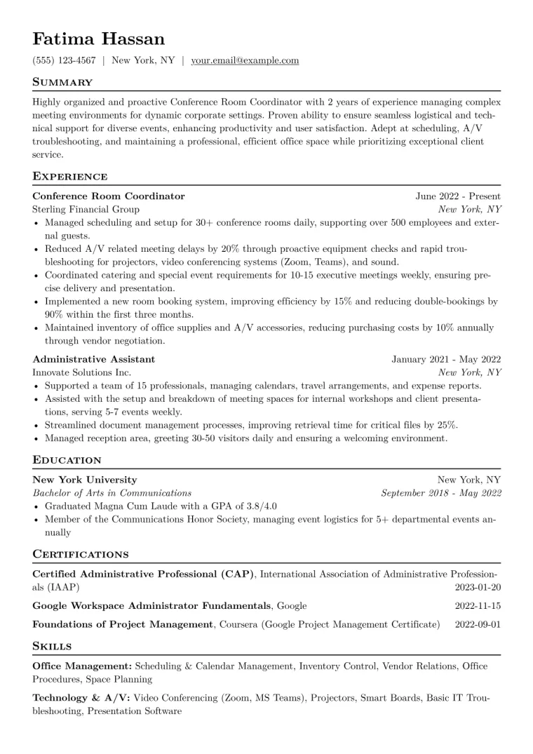 Conference Room Coordinator Resume Example CV template preview