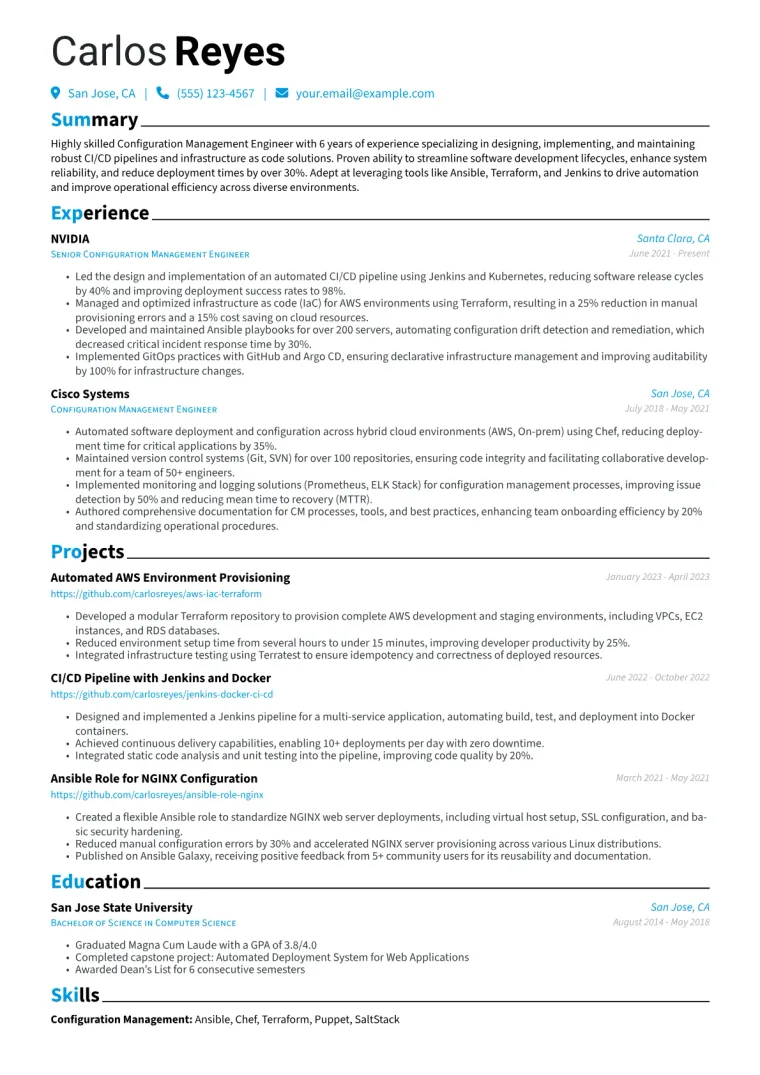 Configuration Management Engineer Resume Example CV template preview