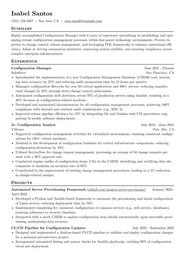 Configuration Manager Resume Example CV template preview