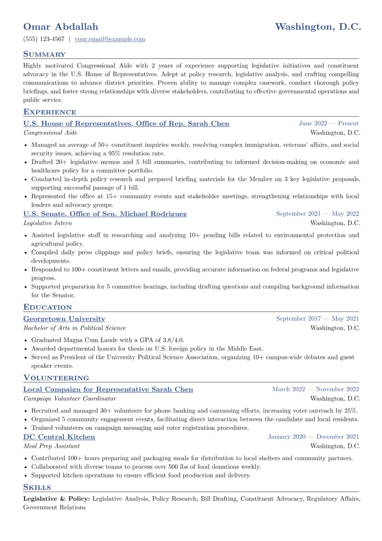 Congressional Aide Resume Example CV template preview