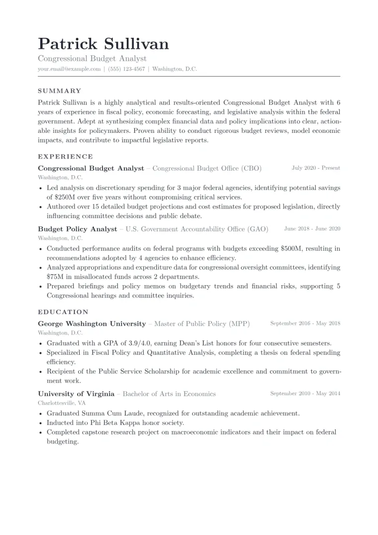Congressional Budget Analyst Resume Example CV template preview
