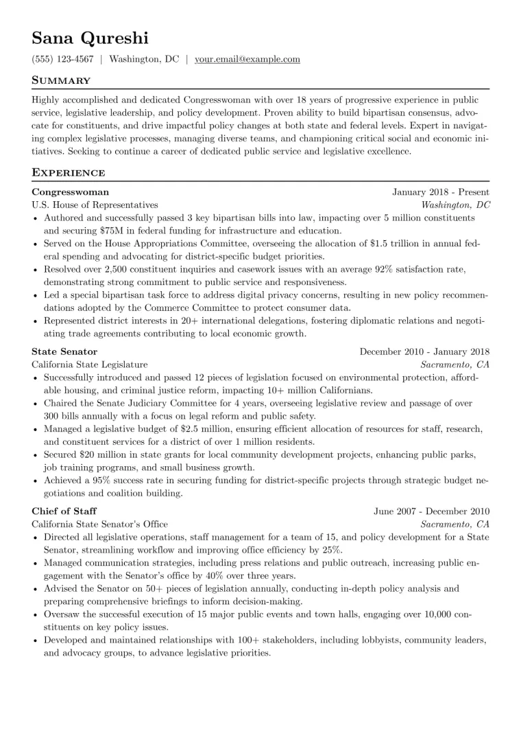 Congressperson Resume Example CV template preview
