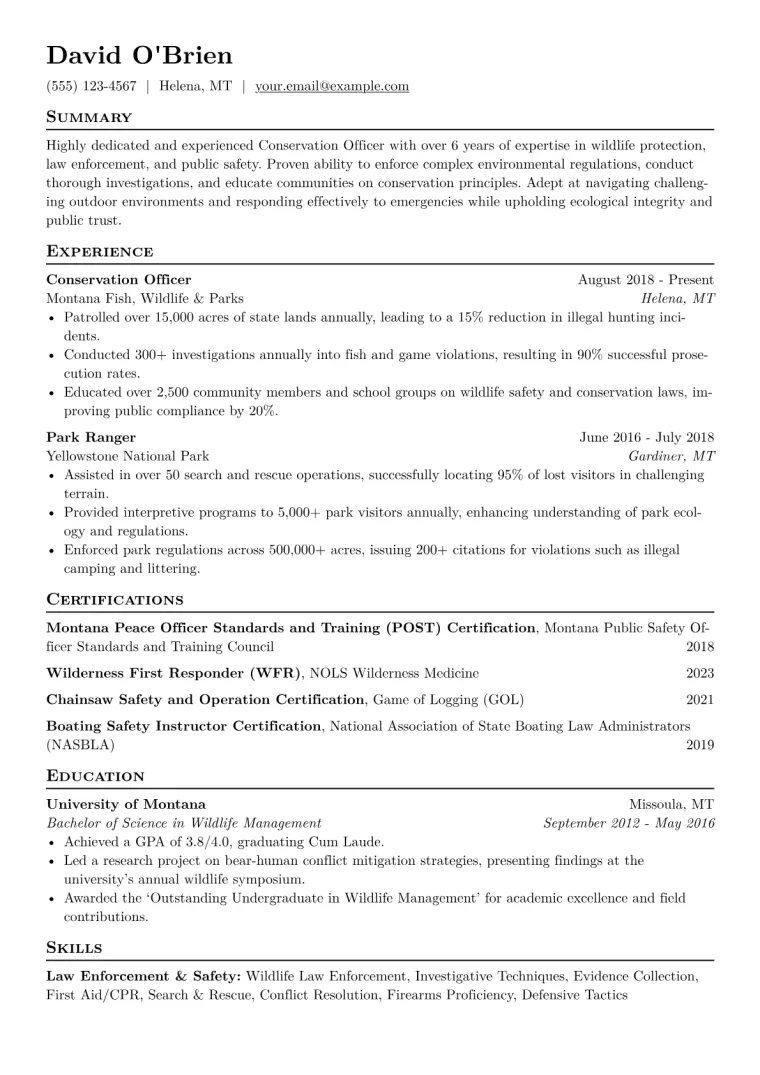 Conservation Officer Resume Example CV template preview