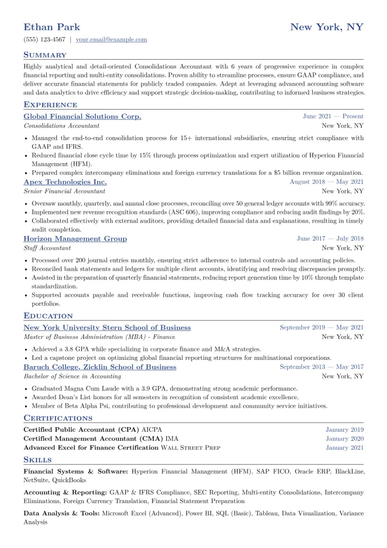 Consolidations Accountant Resume Example CV template preview
