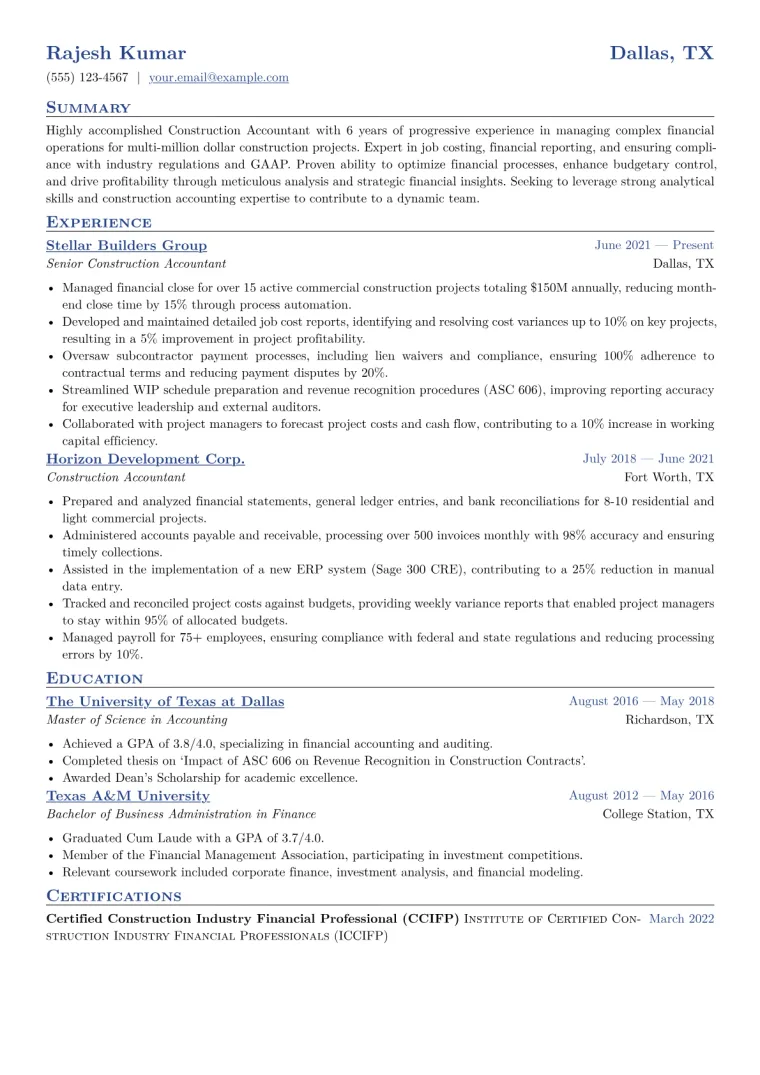 Construction Accountant Resume Example CV template preview