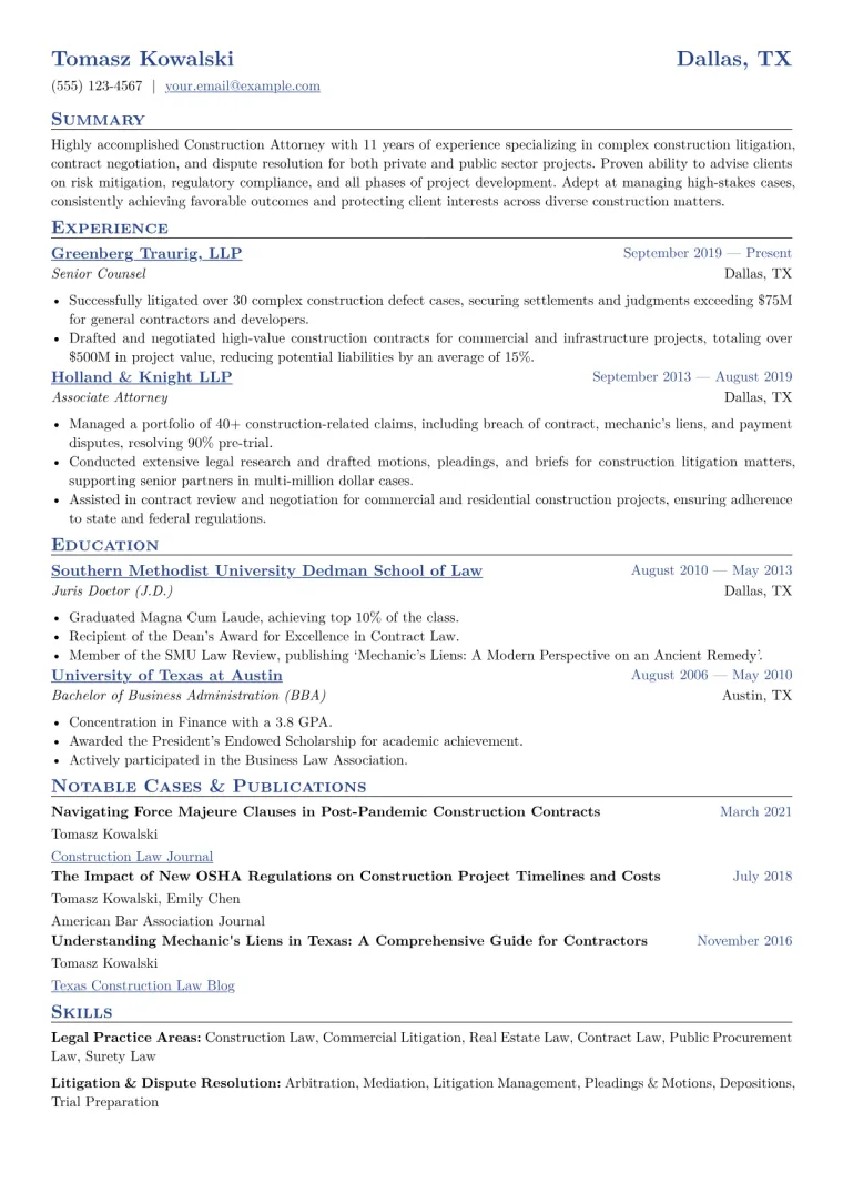 Construction Attorney Resume Example CV template preview