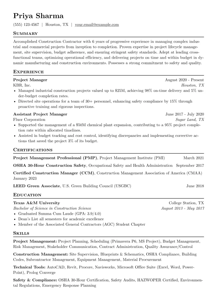 Construction Contractor Resume Example CV template preview