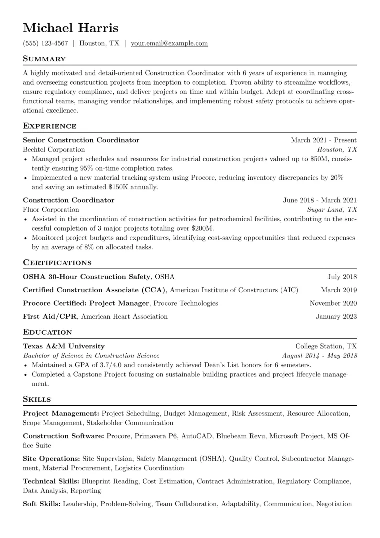 Construction Coordinator Resume Example CV template preview
