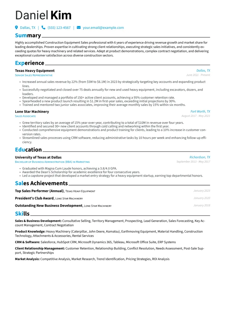 Construction Equipment Sales Resume Example CV template preview