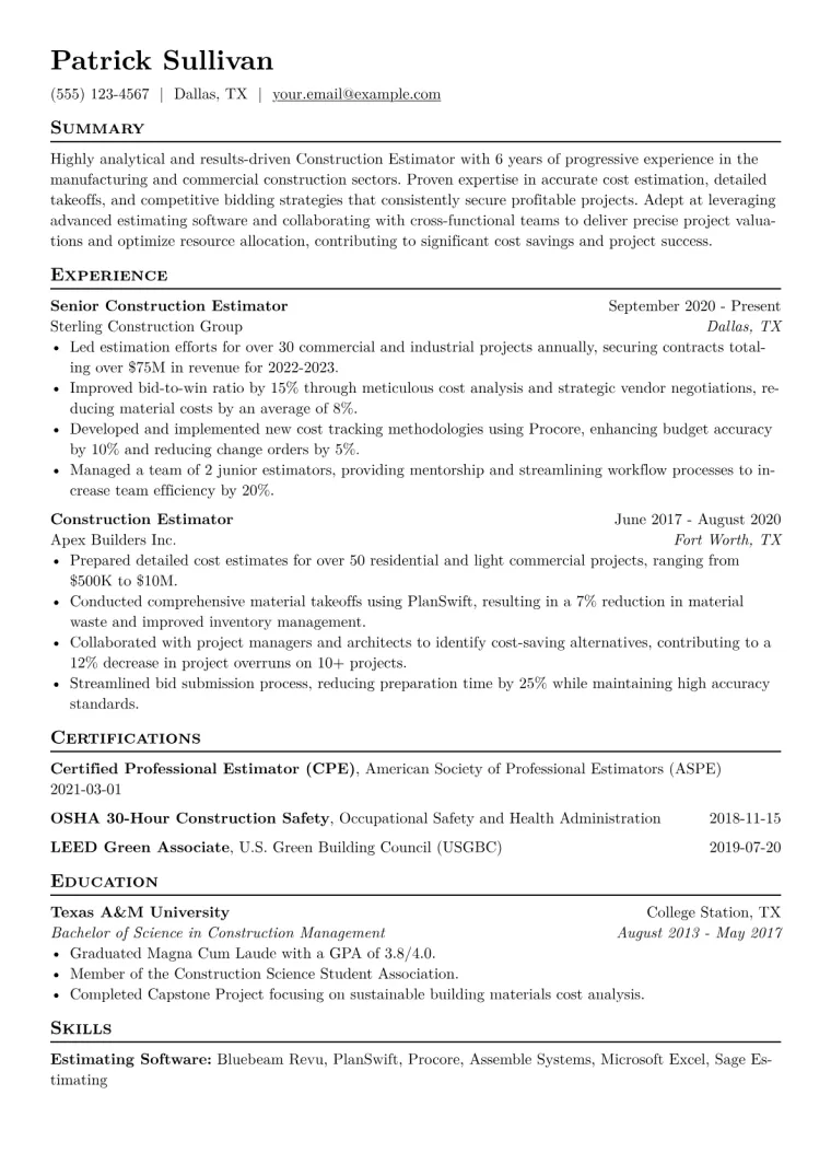 Construction Estimator Resume Example CV template preview