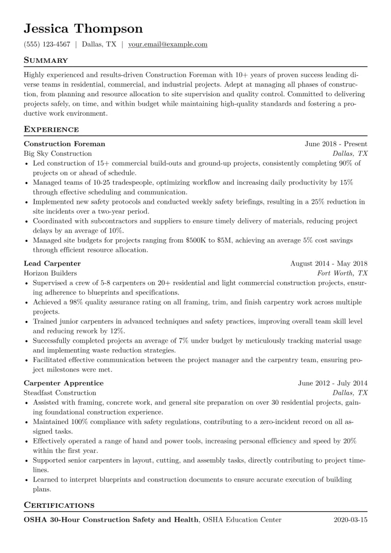 Construction Foreman Resume Example CV template preview