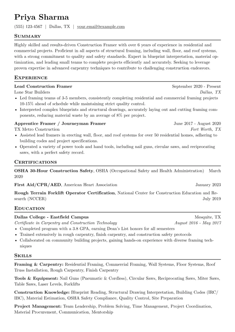Construction Framer Resume Example CV template preview