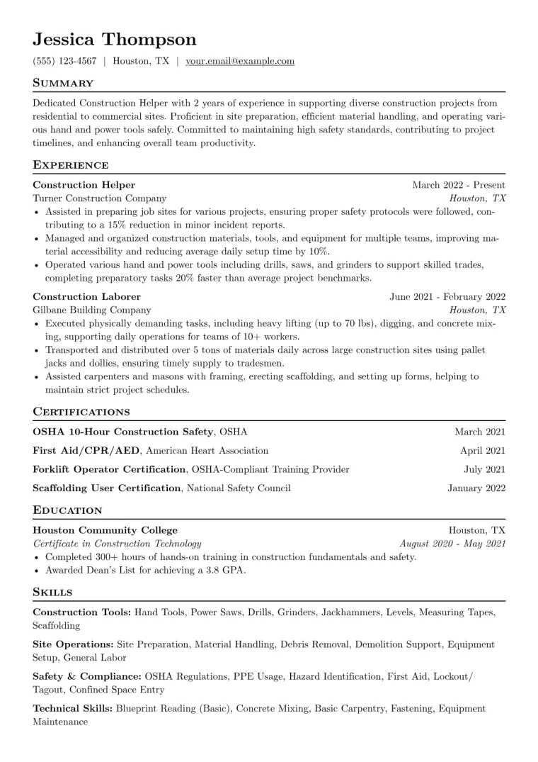 Construction Helper Resume Example CV template preview