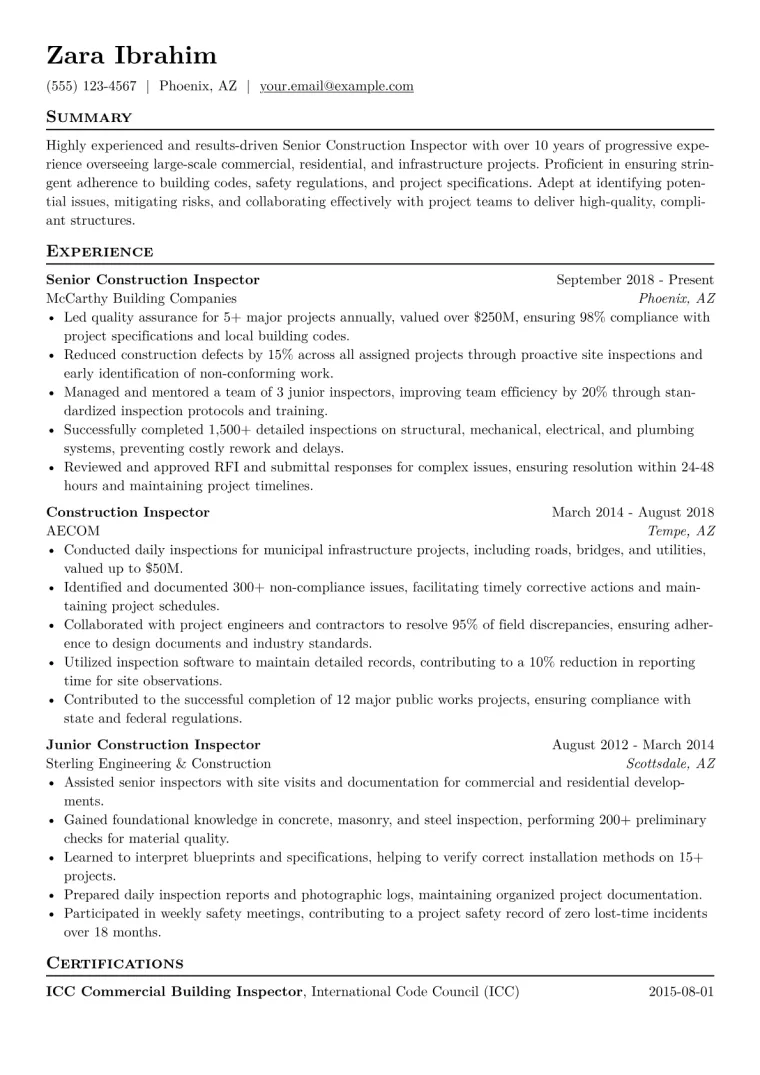 Construction Inspector Resume Example CV template preview