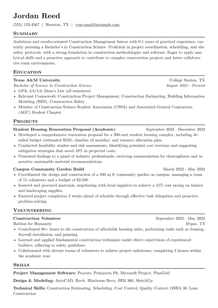 Construction Management Intern Resume Example CV template preview