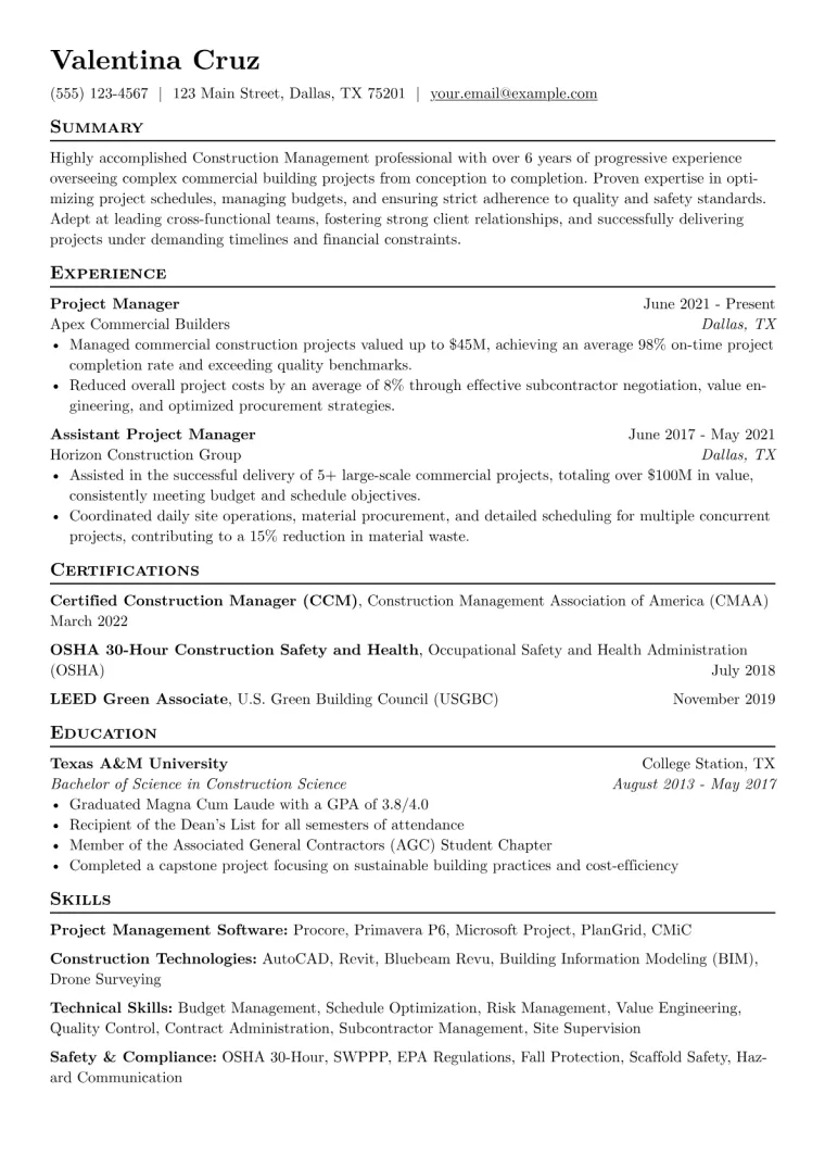 Construction Management Resume Example CV template preview