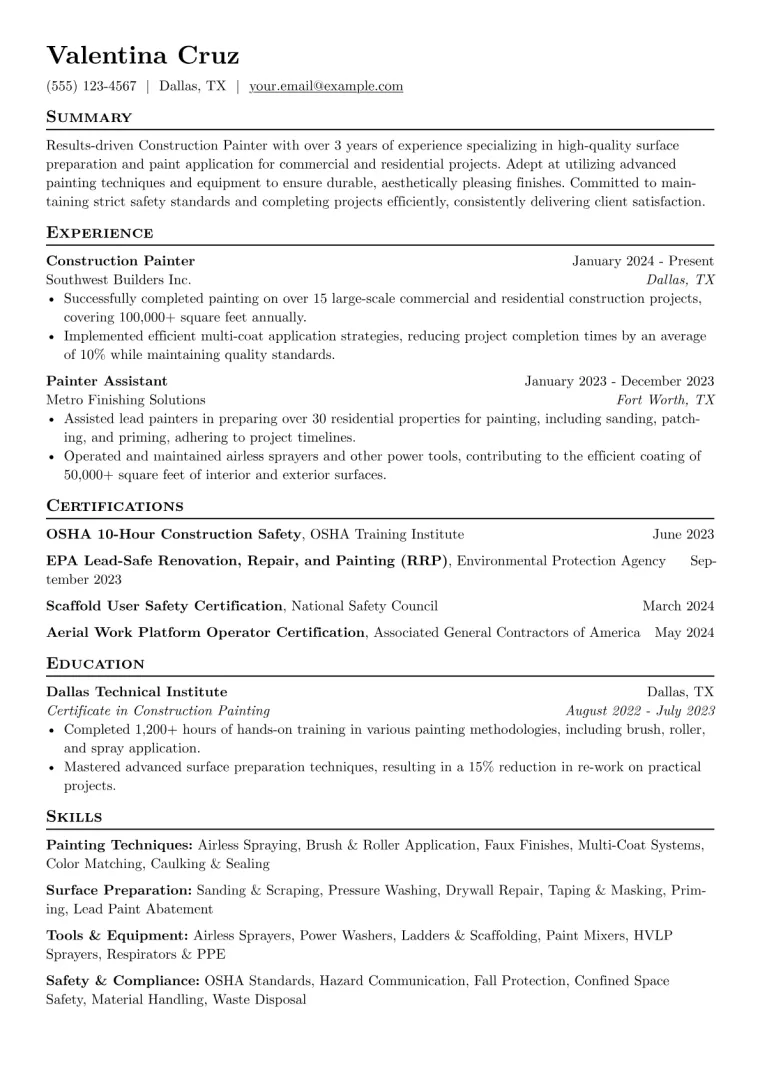 Construction Painter Resume Example preview