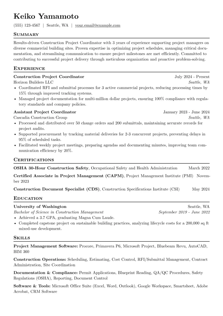 Construction Project Coordinator Resume Example preview
