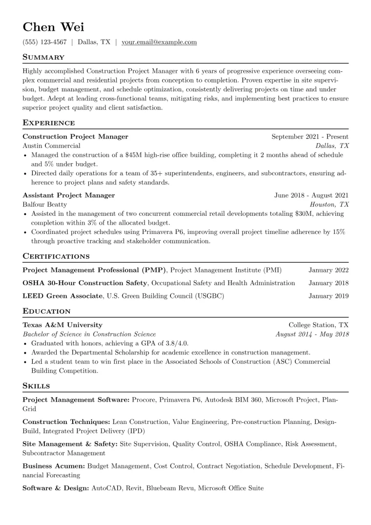 Construction Project Manager Resume Example CV template preview