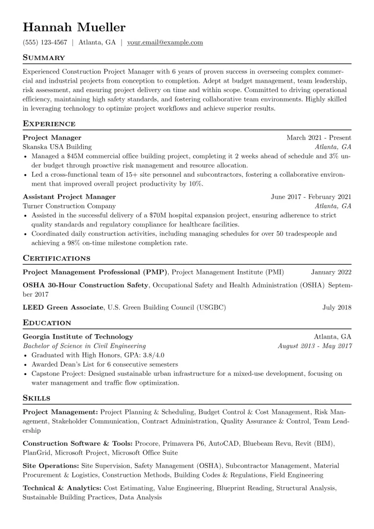 Construction Resume Example CV template preview