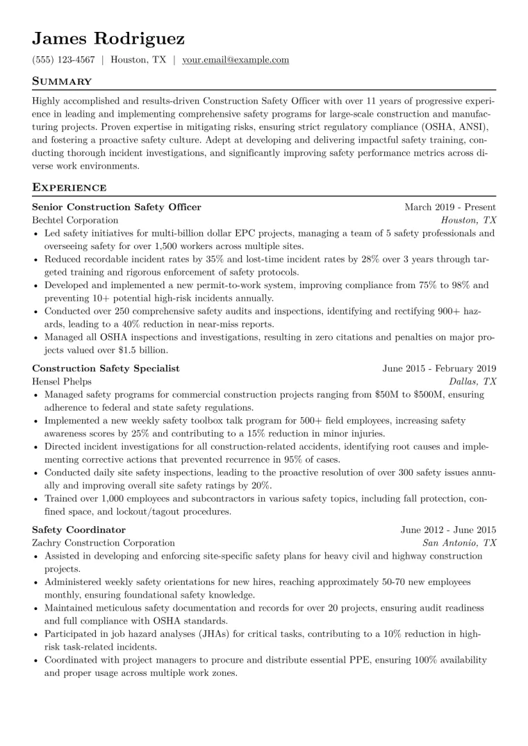 Construction Safety Officer Resume Example CV template preview