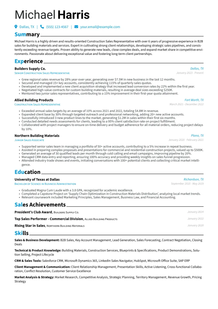 Construction Sales Representative Resume Example CV template preview