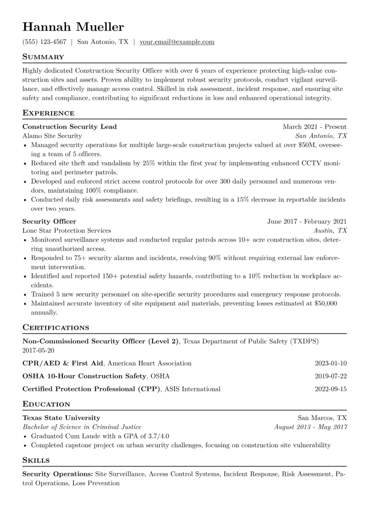 Construction Security Officer Resume Example CV template preview