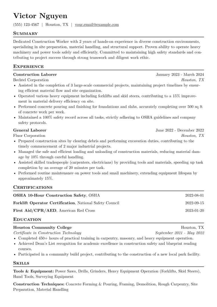Construction Worker Resume Example CV template preview