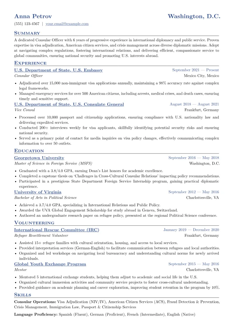 Consular Officer Resume Example CV template preview