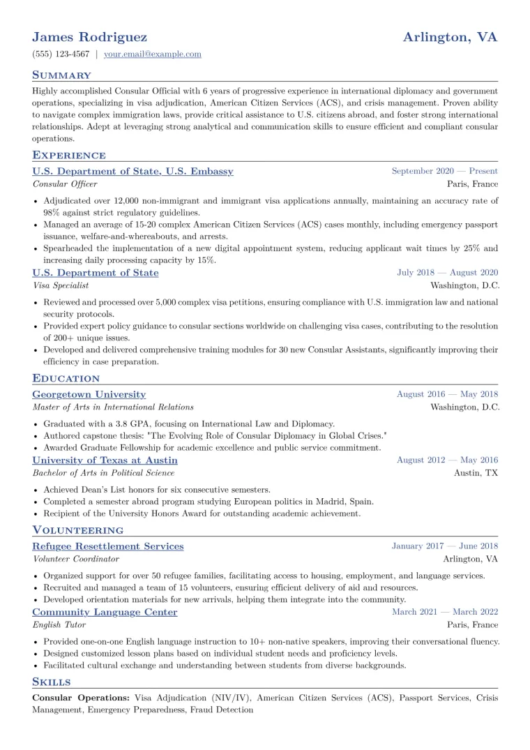 Consular Official Resume Example CV template preview
