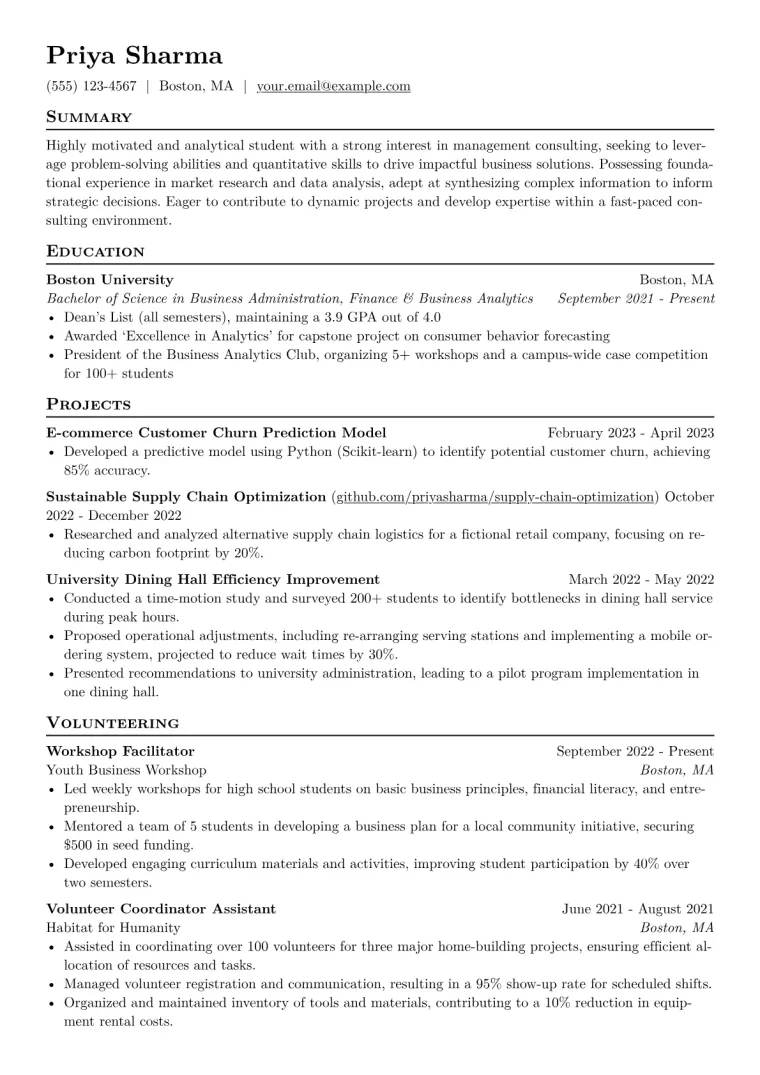 Consulting Intern Resume Example CV template preview