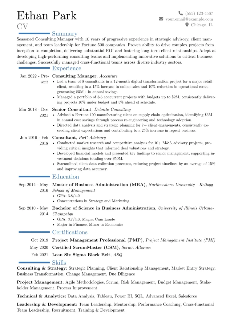 Consulting Manager Resume Example CV template preview
