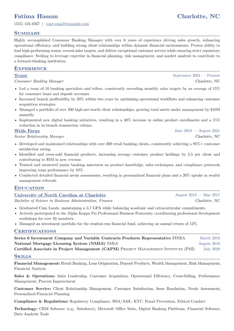 Consumer Banking Manager Resume Example CV template preview