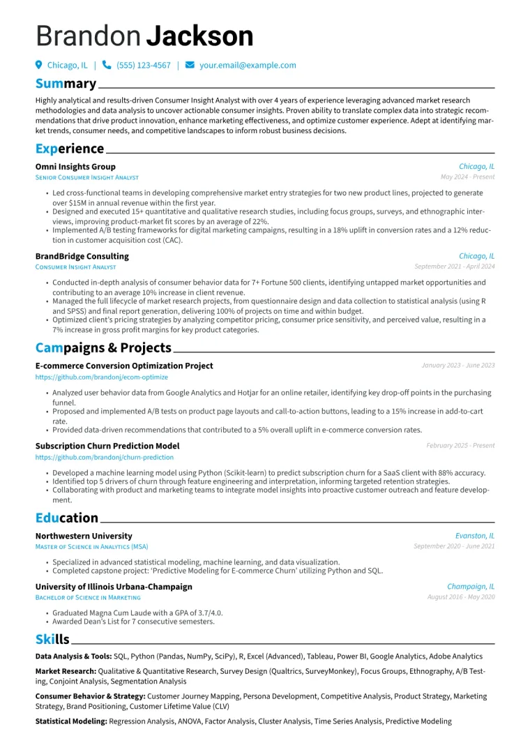 Consumer Insight Analyst Resume Example CV template preview