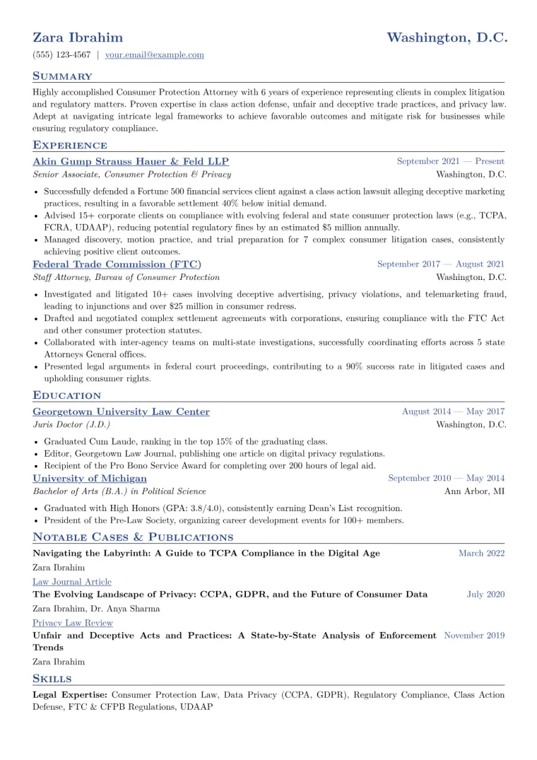 Consumer Protection Attorney Resume Example CV template preview