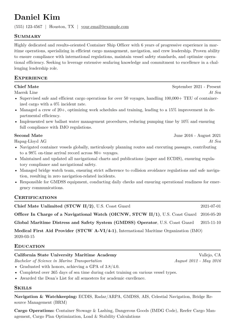 Container Ship Officer Resume Example CV template preview