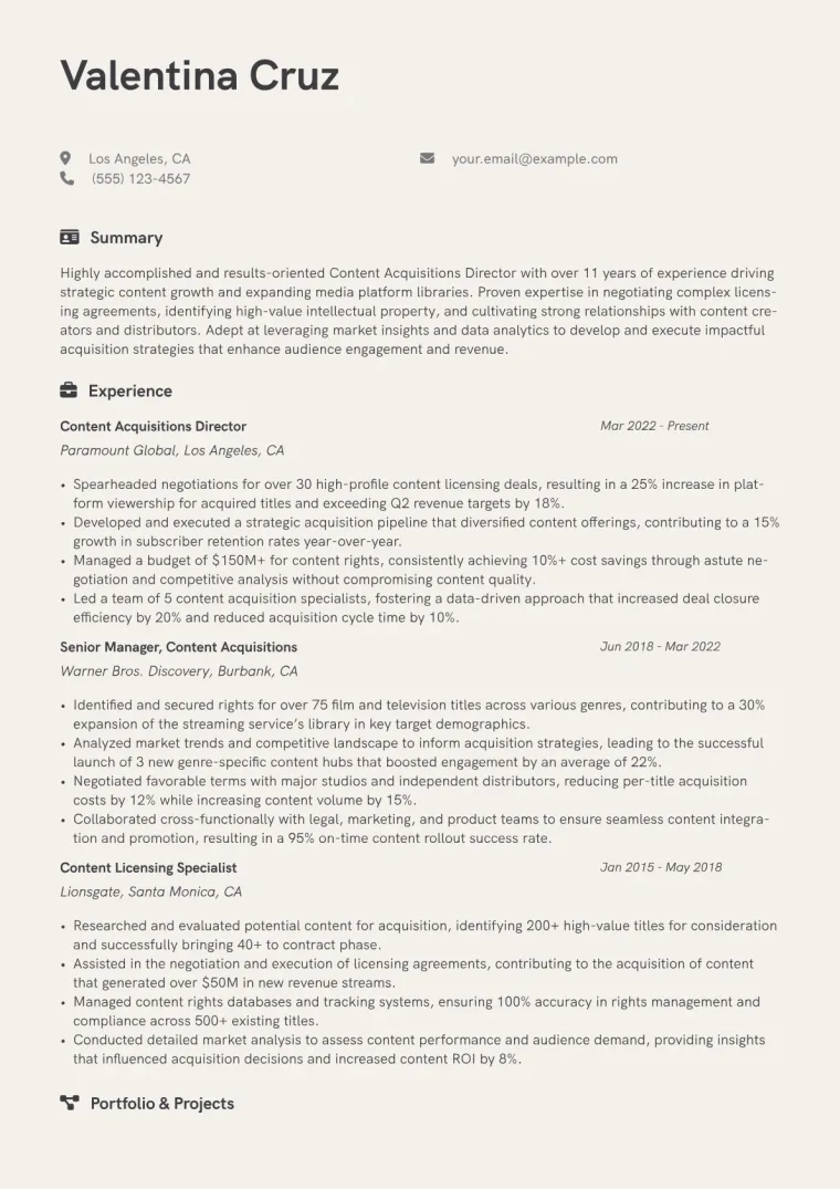 Content Acquisitions Director Resume Example CV template preview