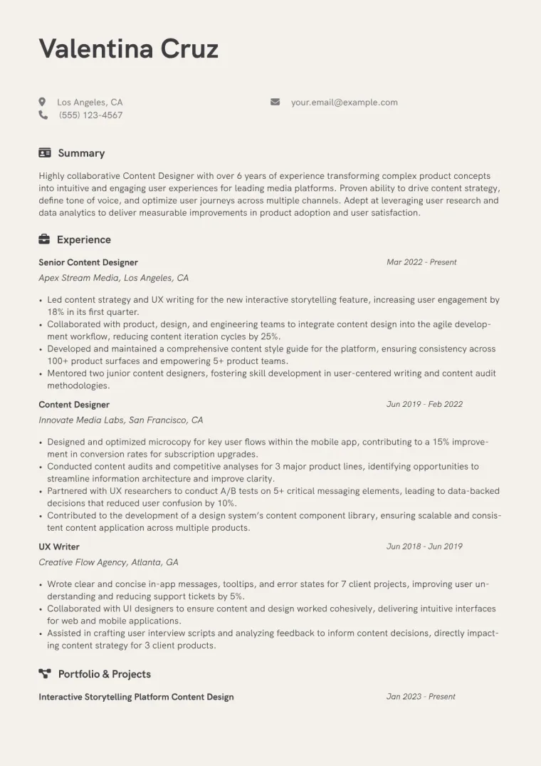 Content Designer Resume Example CV template preview